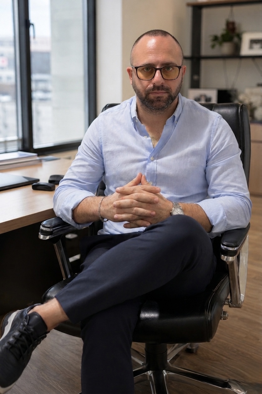 Luca Infantino, consulente aziendale, nel suo ufficio